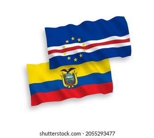 National vector fabric wave flags of Republic of Cabo Verde and Ecuador isolated on white background. 1 to 2 proportion.