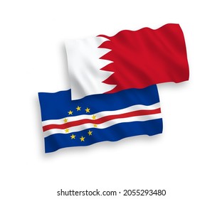National vector fabric wave flags of Republic of Cabo Verde and Bahrain isolated on white background. 1 to 2 proportion.