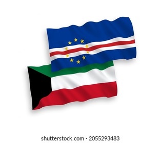 National vector fabric wave flags of Republic of Cabo Verde and Kuwait isolated on white background. 1 to 2 proportion.