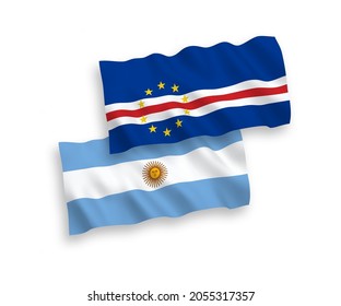 National vector fabric wave flags of Republic of Cabo Verde and Argentina isolated on white background. 1 to 2 proportion.
