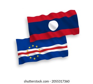 National vector fabric wave flags of Republic of Cabo Verde and Laos isolated on white background. 1 to 2 proportion.