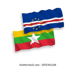 National vector fabric wave flags of Republic of Cabo Verde and Myanmar isolated on white background. 1 to 2 proportion.