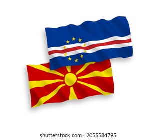 National vector fabric wave flags of Republic of Cabo Verde and North Macedonia isolated on white background. 1 to 2 proportion.