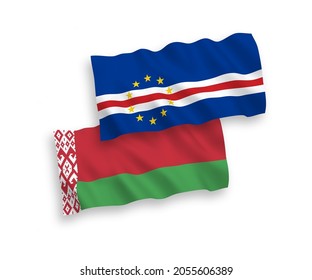 National vector fabric wave flags of Republic of Cabo Verde and Belarus isolated on white background. 1 to 2 proportion.