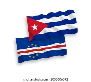 National vector fabric wave flags of Republic of Cabo Verde and Cuba isolated on white background. 1 to 2 proportion.