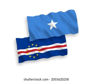 National vector fabric wave flags of Republic of Cabo Verde and Somalia isolated on white background. 1 to 2 proportion.
