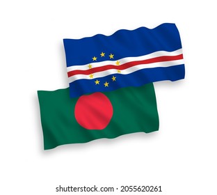 National vector fabric wave flags of Republic of Cabo Verde and Bangladesh isolated on white background. 1 to 2 proportion.