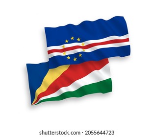 National vector fabric wave flags of Republic of Cabo Verde and Seychelles isolated on white background. 1 to 2 proportion.