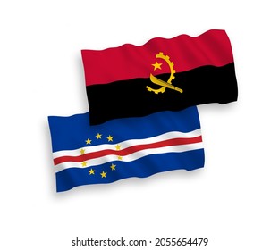 National vector fabric wave flags of Republic of Cabo Verde and Angola isolated on white background. 1 to 2 proportion.