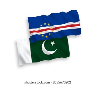 National vector fabric wave flags of Republic of Cabo Verde and Pakistan isolated on white background. 1 to 2 proportion.