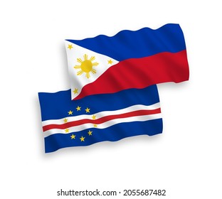 National vector fabric wave flags of Republic of Cabo Verde and Philippines isolated on white background. 1 to 2 proportion.
