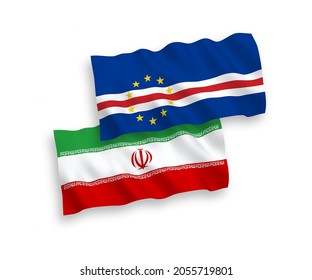 National vector fabric wave flags of Republic of Cabo Verde and Iran isolated on white background. 1 to 2 proportion.
