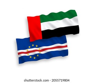 National vector fabric wave flags of Republic of Cabo Verde and United Arab Emirates isolated on white background. 1 to 2 proportion.