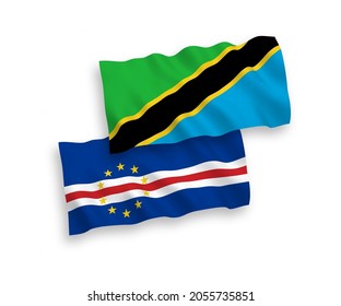 National vector fabric wave flags of Republic of Cabo Verde and Tanzania isolated on white background. 1 to 2 proportion.