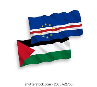 National vector fabric wave flags of Republic of Cabo Verde and Palestine isolated on white background. 1 to 2 proportion.