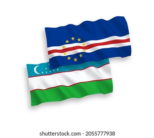 National vector fabric wave flags of Republic of Cabo Verde and Uzbekistan isolated on white background. 1 to 2 proportion.