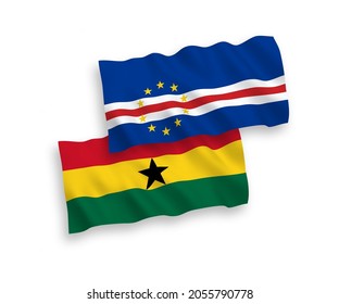 National vector fabric wave flags of Republic of Cabo Verde and Ghana isolated on white background. 1 to 2 proportion.