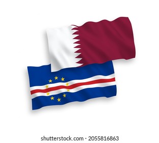 National vector fabric wave flags of Republic of Cabo Verde and Qatar isolated on white background. 1 to 2 proportion.