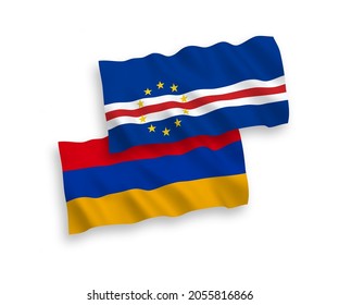 National vector fabric wave flags of Republic of Cabo Verde and Armenia isolated on white background. 1 to 2 proportion.