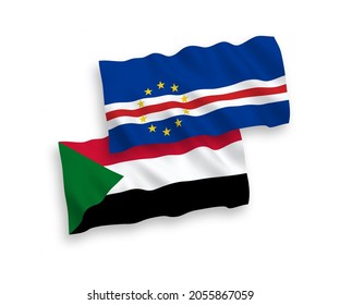 National vector fabric wave flags of Republic of Cabo Verde and Sudan isolated on white background. 1 to 2 proportion.