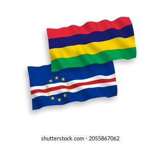 National vector fabric wave flags of Republic of Cabo Verde and Republic of Mauritius isolated on white background. 1 to 2 proportion.