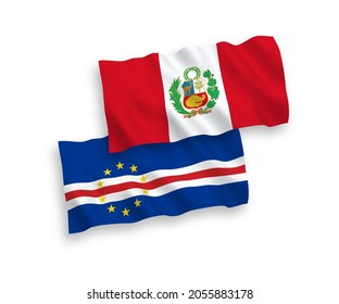 National vector fabric wave flags of Republic of Cabo Verde and Peru isolated on white background. 1 to 2 proportion.