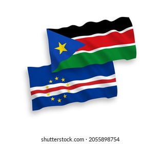 National vector fabric wave flags of Republic of Cabo Verde and Republic of South Sudan isolated on white background. 1 to 2 proportion.