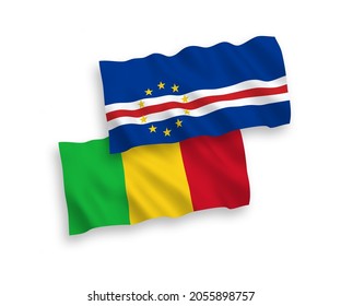 National vector fabric wave flags of Republic of Cabo Verde and Mali isolated on white background. 1 to 2 proportion.