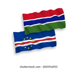 National vector fabric wave flags of Republic of Cabo Verde and Republic of Gambia isolated on white background. 1 to 2 proportion.