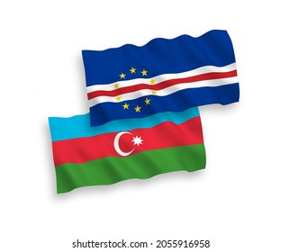 National vector fabric wave flags of Republic of Cabo Verde and Azerbaijan isolated on white background. 1 to 2 proportion.