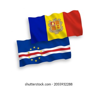 National vector fabric wave flags of Republic of Cabo Verde and Andorra isolated on white background. 1 to 2 proportion.