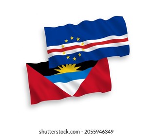 National vector fabric wave flags of Republic of Cabo Verde and Antigua and Barbuda isolated on white background. 1 to 2 proportion.