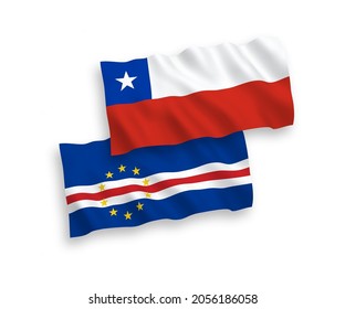 National vector fabric wave flags of Republic of Cabo Verde and Chile isolated on white background. 1 to 2 proportion.