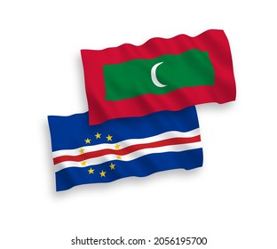 National vector fabric wave flags of Republic of Cabo Verde and Maldives isolated on white background. 1 to 2 proportion.