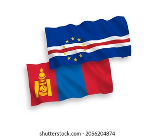 National vector fabric wave flags of Republic of Cabo Verde and Mongolia isolated on white background. 1 to 2 proportion.
