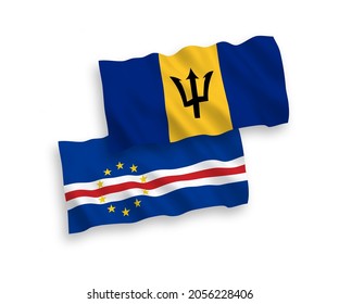 National vector fabric wave flags of Republic of Cabo Verde and Barbados isolated on white background. 1 to 2 proportion.