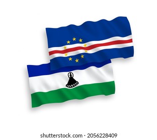 National vector fabric wave flags of Republic of Cabo Verde and Lesotho isolated on white background. 1 to 2 proportion.