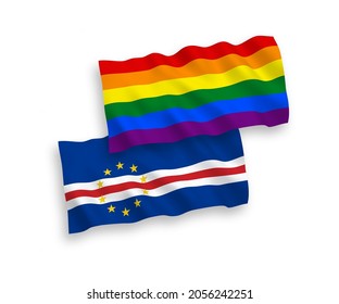 National vector fabric wave flags of Republic of Cabo Verde and Rainbow gay pride isolated on white background. 1 to 2 proportion.