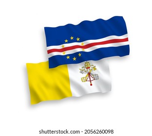 National vector fabric wave flags of Republic of Cabo Verde and Vatican isolated on white background. 1 to 2 proportion.