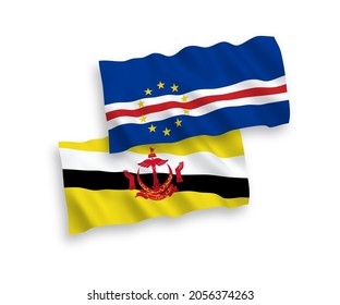 National vector fabric wave flags of Republic of Cabo Verde and Brunei isolated on white background. 1 to 2 proportion.