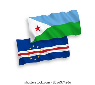 National vector fabric wave flags of Republic of Cabo Verde and Republic of Djibouti isolated on white background. 1 to 2 proportion.