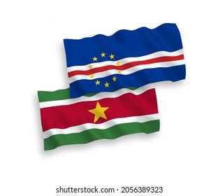 National vector fabric wave flags of Republic of Cabo Verde and Republic of Suriname isolated on white background. 1 to 2 proportion.
