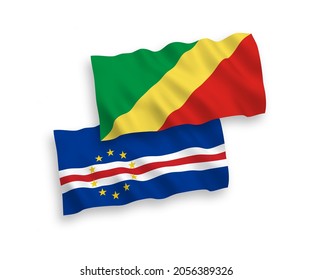 National vector fabric wave flags of Republic of Cabo Verde and Republic of the Congo isolated on white background. 1 to 2 proportion.