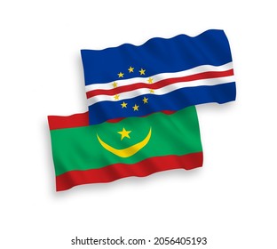 National vector fabric wave flags of Republic of Cabo Verde and Islamic Republic of Mauritania isolated on white background. 1 to 2 proportion.