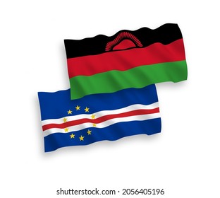 National vector fabric wave flags of Republic of Cabo Verde and Malawi isolated on white background. 1 to 2 proportion.