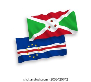 National vector fabric wave flags of Republic of Cabo Verde and Burundi isolated on white background. 1 to 2 proportion.