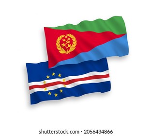 National vector fabric wave flags of Republic of Cabo Verde and Eritrea isolated on white background. 1 to 2 proportion.