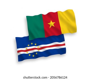 National vector fabric wave flags of Republic of Cabo Verde and Cameroon isolated on white background. 1 to 2 proportion.
