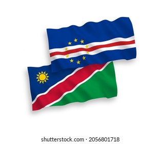 National vector fabric wave flags of Republic of Cabo Verde and Republic of Namibia isolated on white background. 1 to 2 proportion.