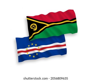 National vector fabric wave flags of Republic of Cabo Verde and Republic of Vanuatu isolated on white background. 1 to 2 proportion.